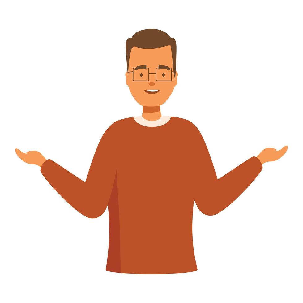 Friendly young man with glasses is shrugging and smiling vector