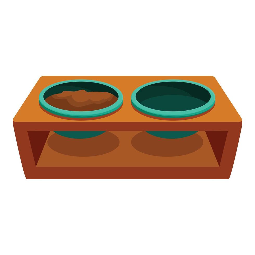 Double pet bowl full of food and water on wooden stand vector