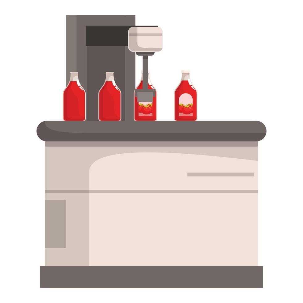 Automatic machine pouring ketchup in glass bottle on conveyor belt vector