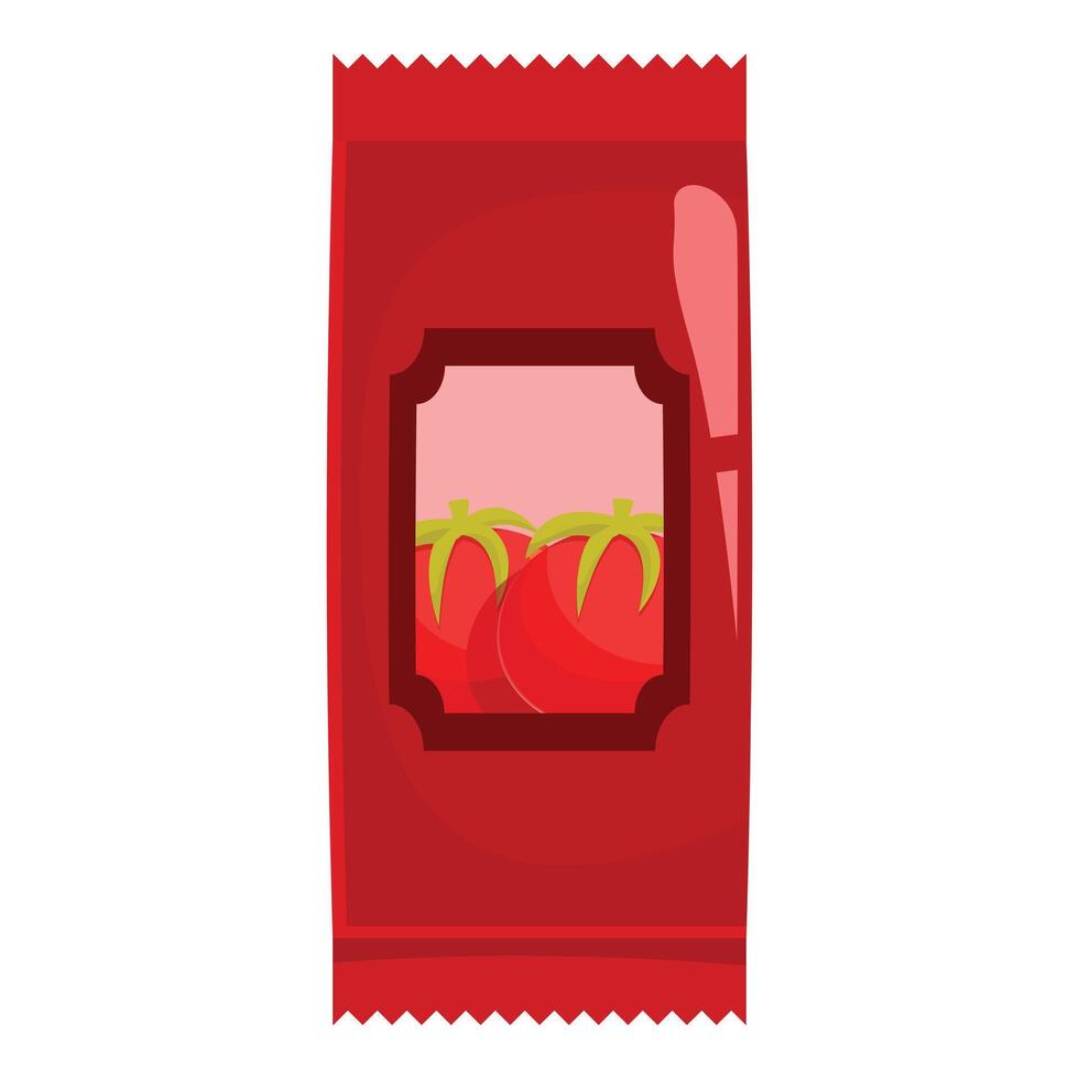 Red foil package containing fresh tomatoes for ketchup or sauce vector