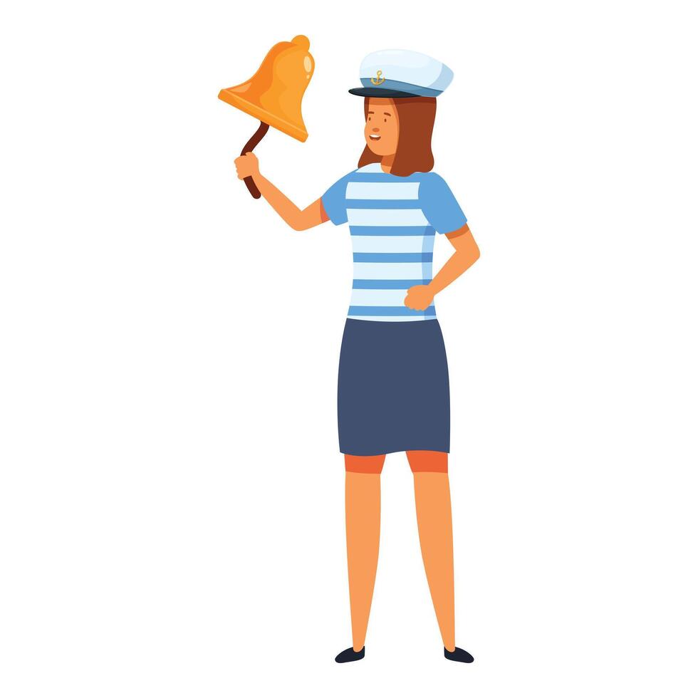 Smiling woman sailor character ringing a big golden bell cartoon style vector