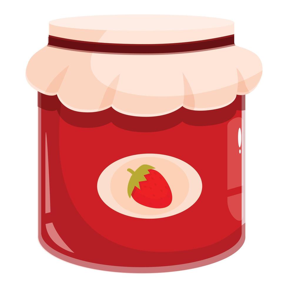 Glass jar with strawberry jam and label showing a ripe strawberry vector