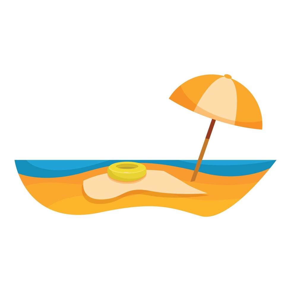 Beach umbrella and inflatable ring lying on sand near sea vector