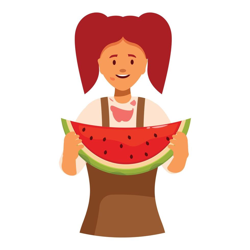 Happy girl holding big slice of watermelon smiling and looking forward vector