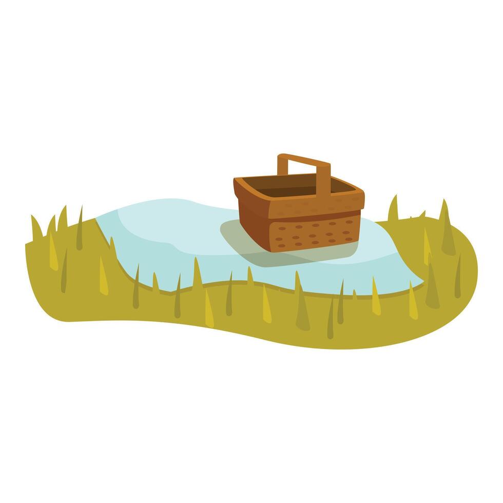 Wicker picnic basket lying on blanket on grass outdoors vector