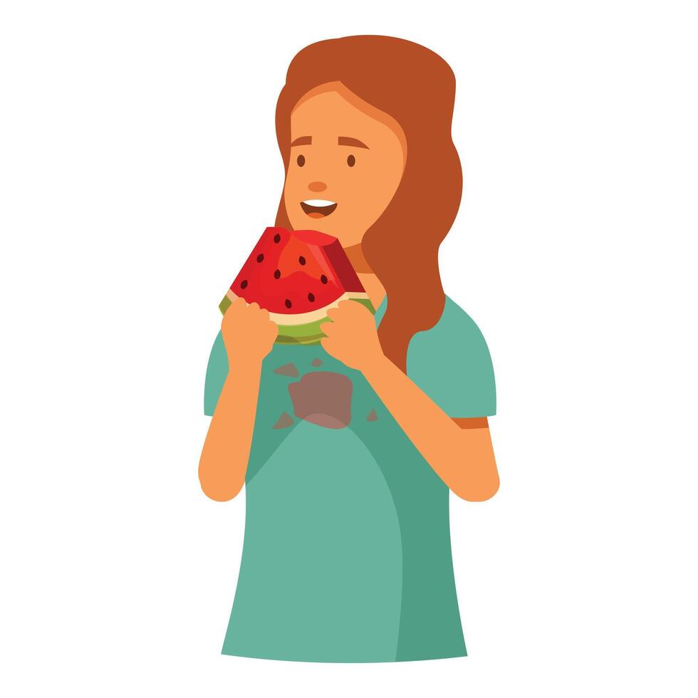 Girl holding and biting piece of watermelon with happy facial expression vector