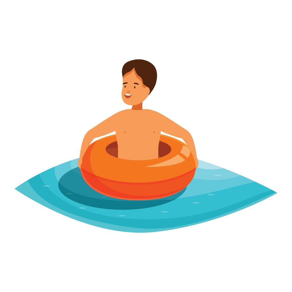 Boy having fun inside inflatable ring in swimming pool vector