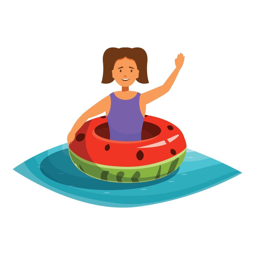 Girl swimming and waving on inflatable watermelon ring in swimming pool vector