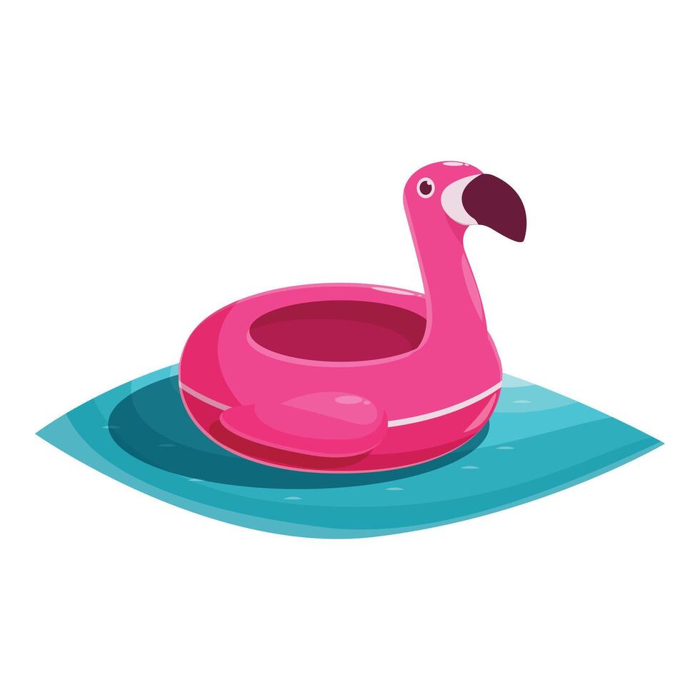 Pink flamingo shaped inflatable ring floating on water in swimming pool vector