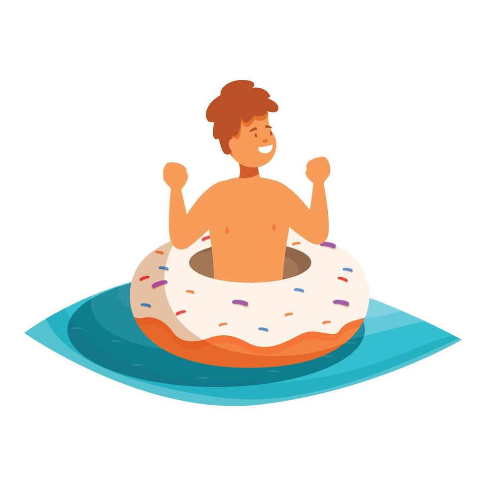 Happy boy having fun on inflatable donut in swimming pool on summer vacation vector