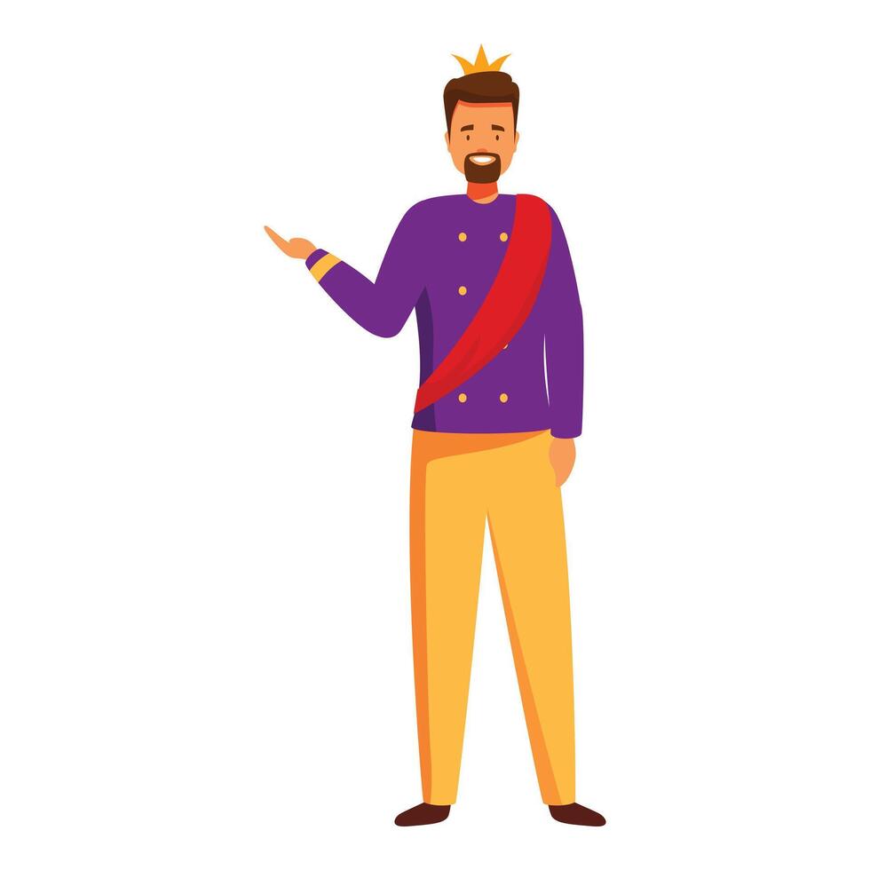 Cartoon king character wearing crown and royal mantle is showing something with hand gesture vector