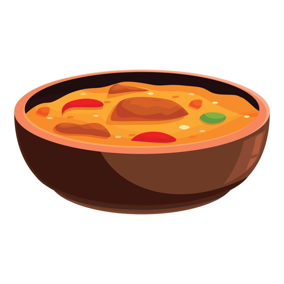 Ceramic bowl presenting steaming hot chicken curry dish vector