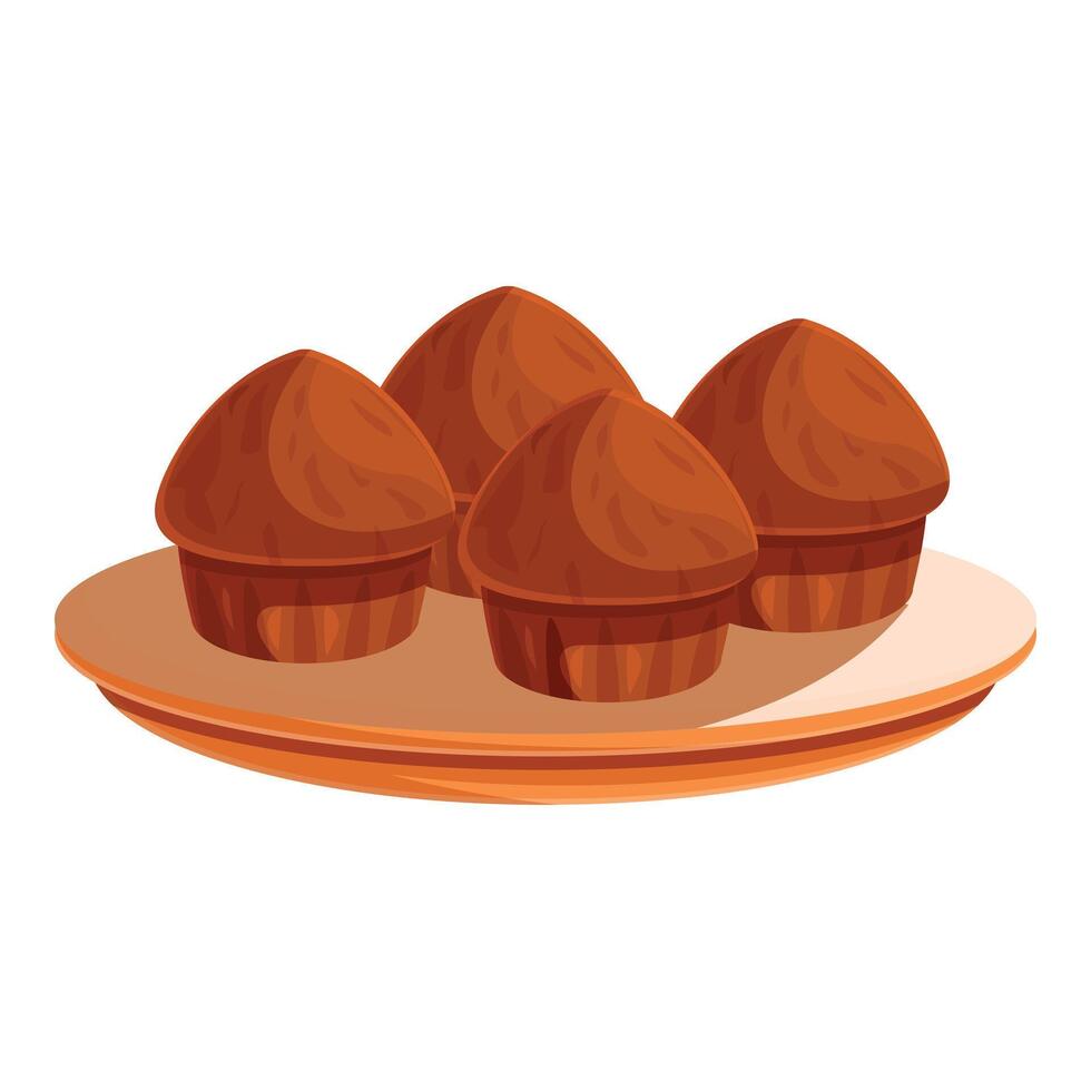 Four chocolate cupcakes sitting on a plate vector