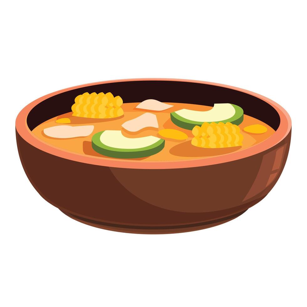 Ceramic bowl being filled with chicken and vegetable soup vector