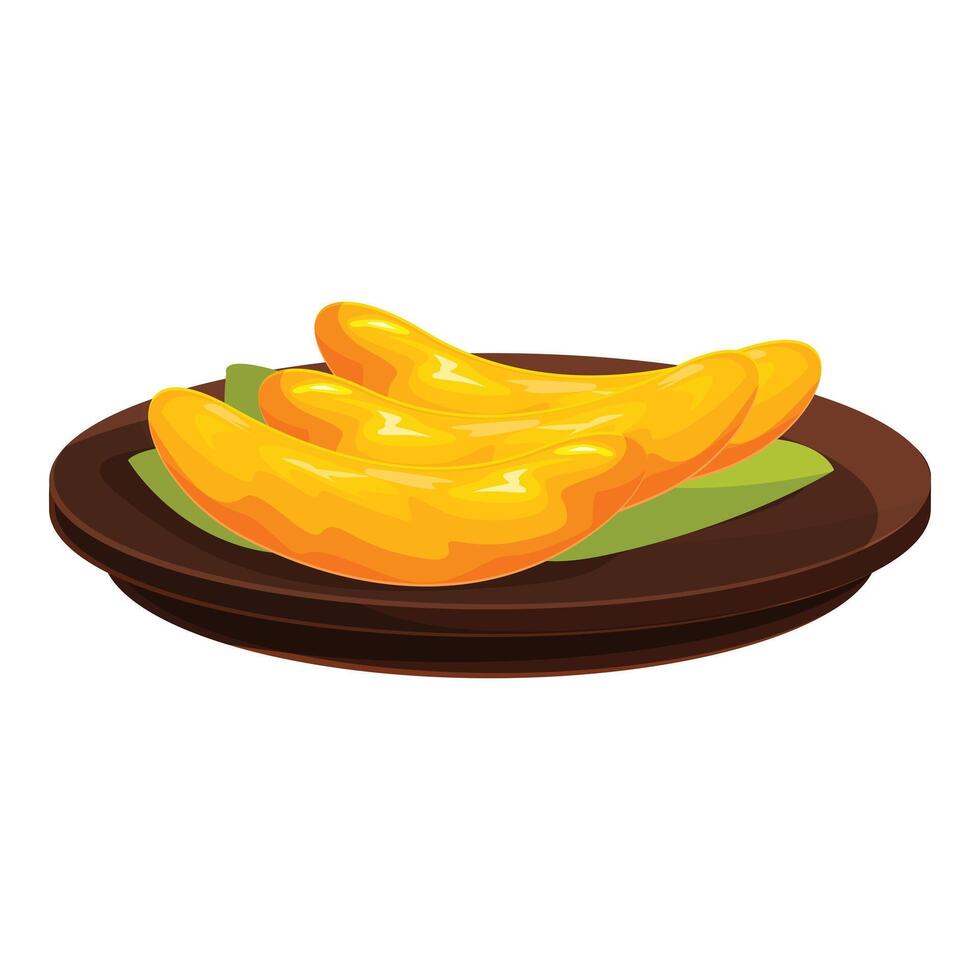 Three mango sticky rice being served on wooden plate with banana leaf decoration vector