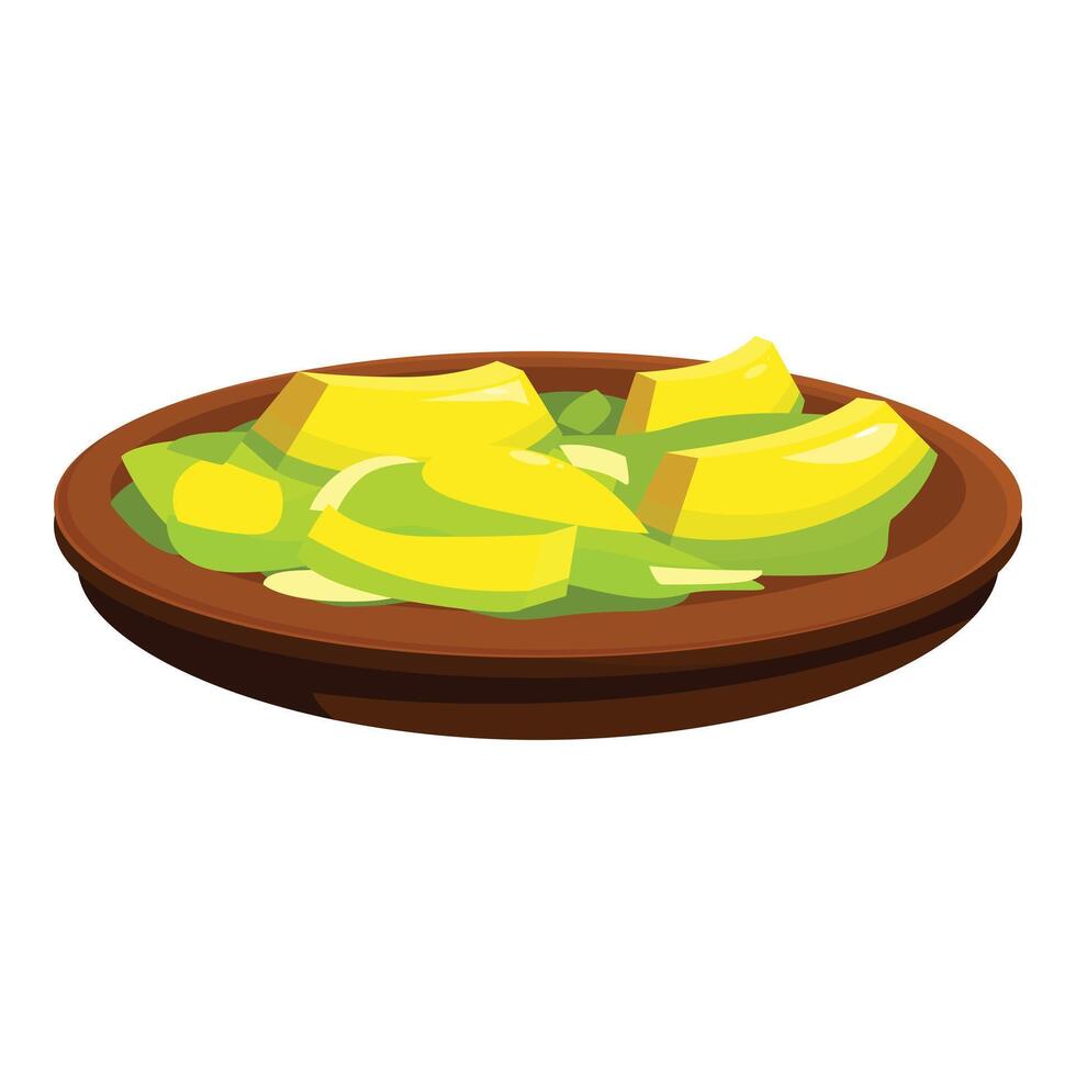 Clay plate presenting sliced avocado with green dip for healthy eating vector