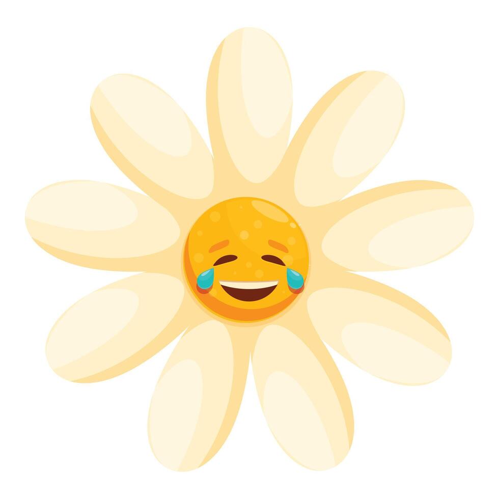 Cartoon daisy with a laughing face crying tears of joy vector