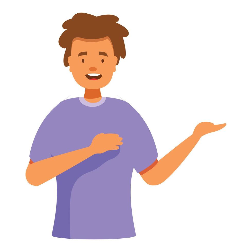 Young man is smiling and presenting something with his hand vector