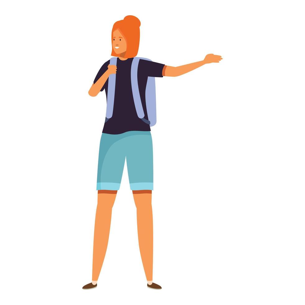 Young tourist woman with backpack pointing aside while traveling vector