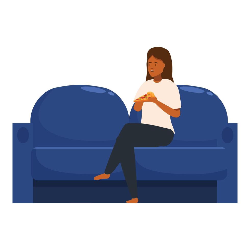 Young woman is sitting on the sofa and eating pizza at home vector