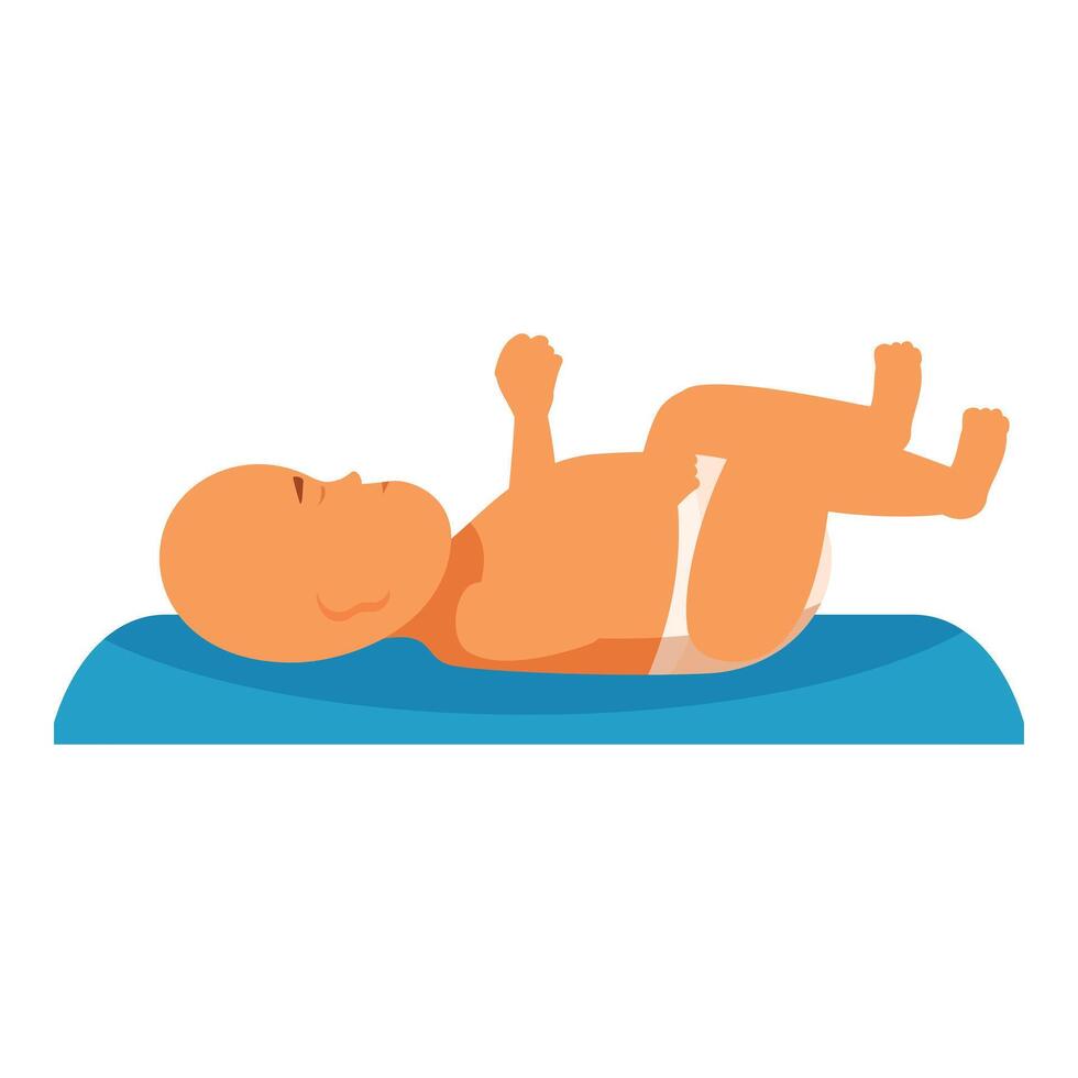 Baby lying on changing mat wearing a diaper raising legs vector