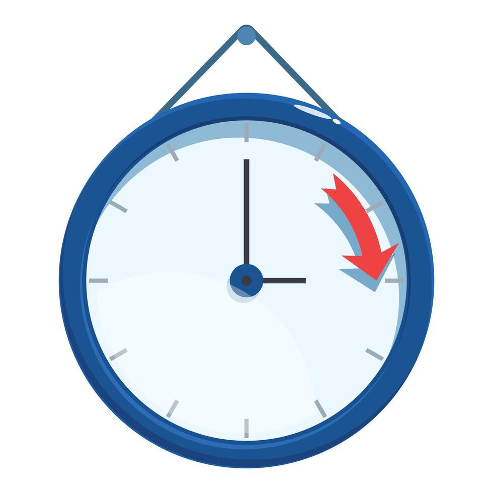 Blue clock with red arrow pointing down hanging on white background vector