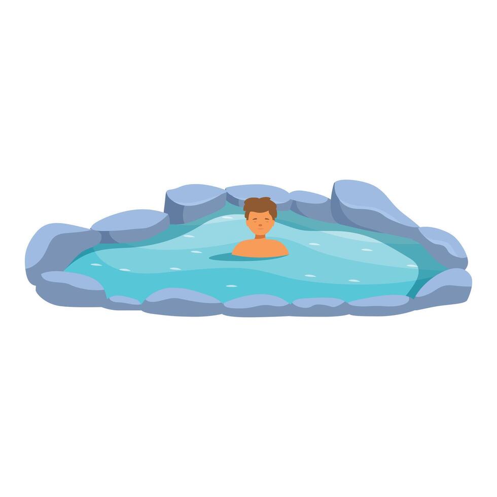 Young man relaxing in geothermal hot spring pool surrounded by rocks vector
