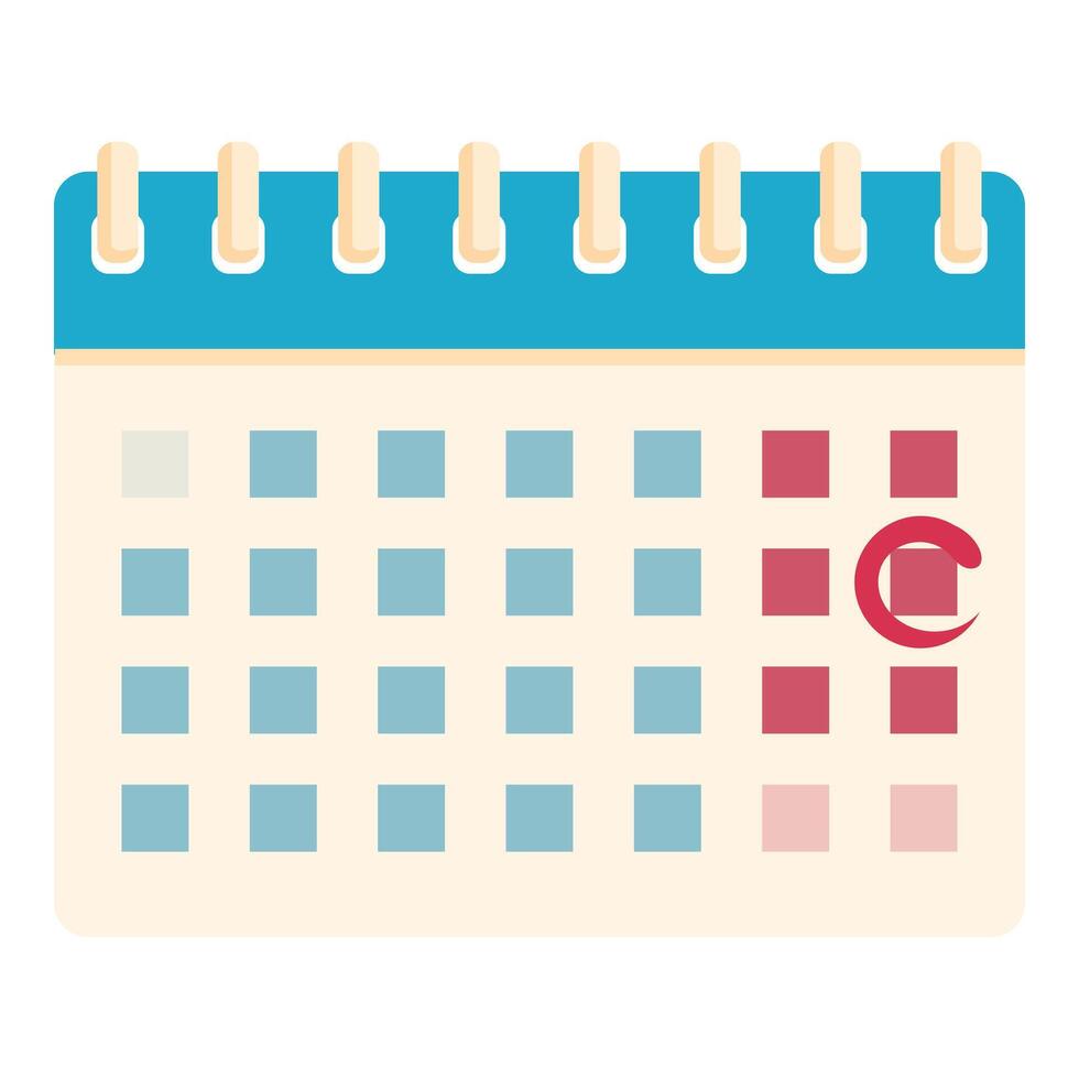 Calendar showing menstrual cycle with red mark for period days vector