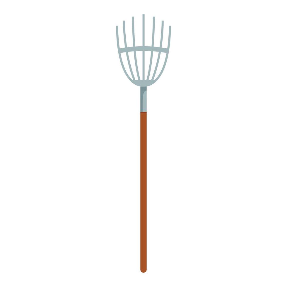 Metal rake standing with wooden handle for gathering leaves vector
