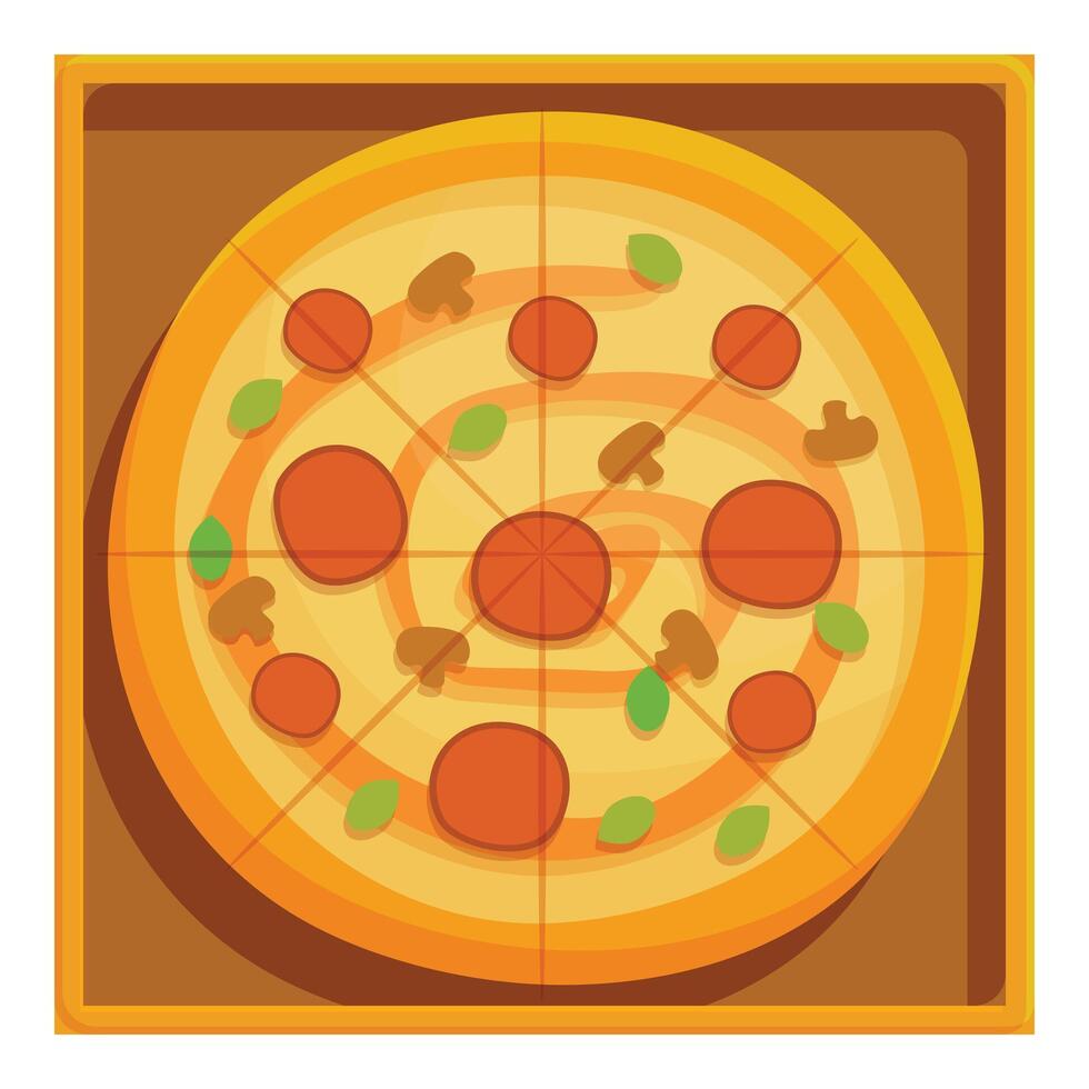 Round pizza lying in cardboard box for delivery vector