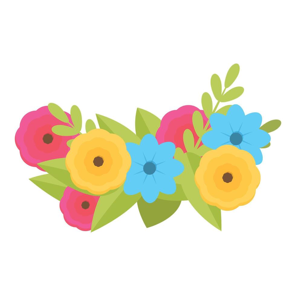 Colorful flower arrangement forming a half circle with green leaves vector