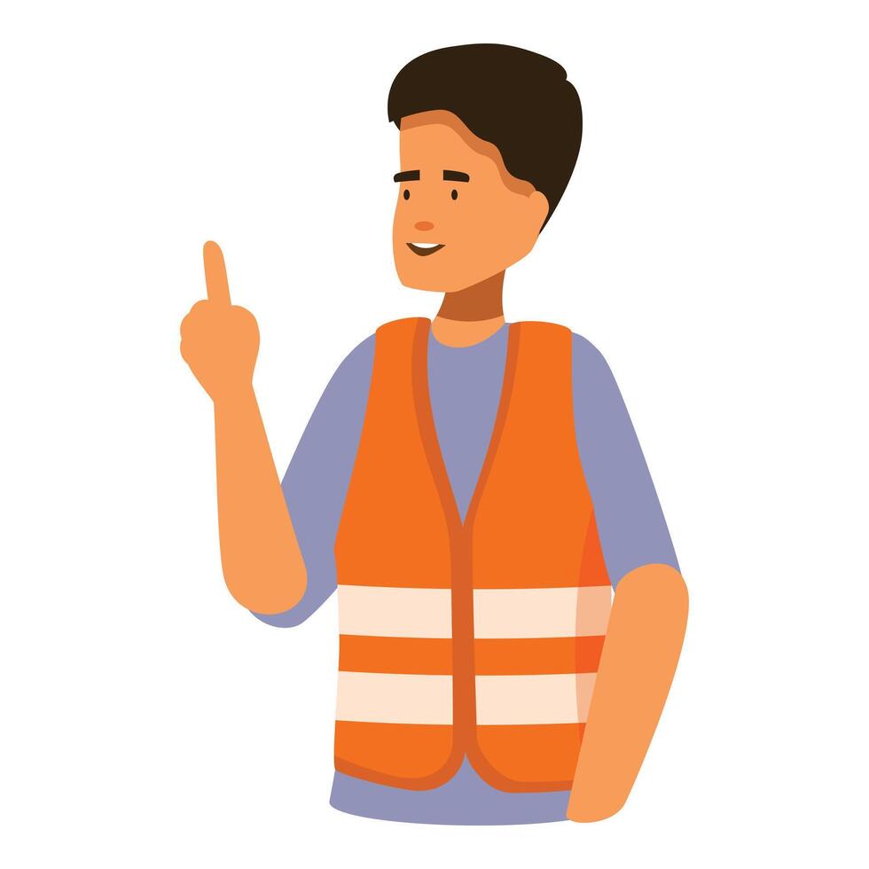 Young man worker character wearing orange safety vest pointing up with finger vector