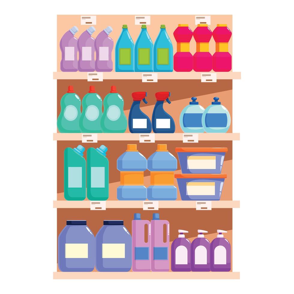 Supermarket shelf full of cleaning products showing concepts of housekeeping, retail and shopping vector