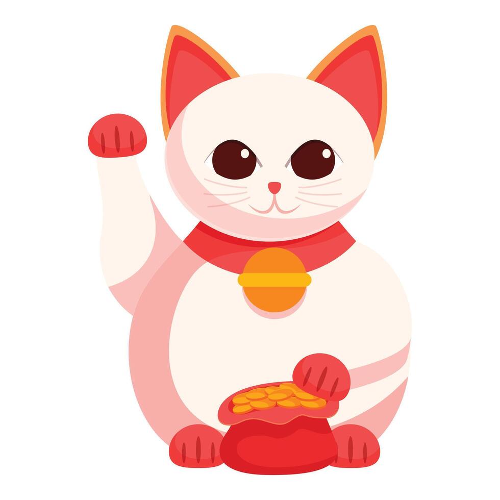 Japanese lucky cat maneki neko holding a bag of gold coins and waving vector