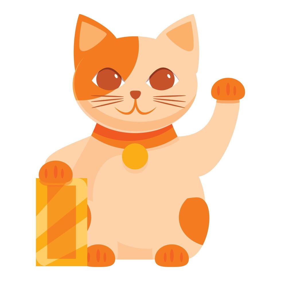 Orange and white lucky cat holding a gold ingot and waving vector