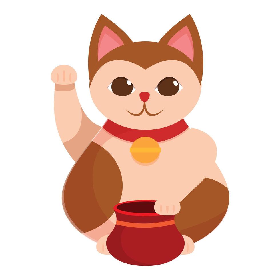 Cute japanese lucky cat holding a pot is raising a paw vector