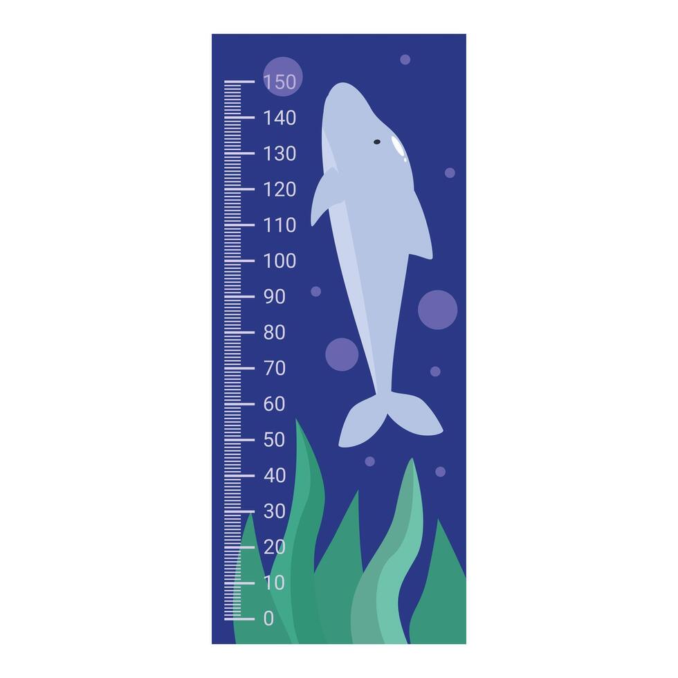Cute dolphin swimming upwards kids height chart growth measurement vector