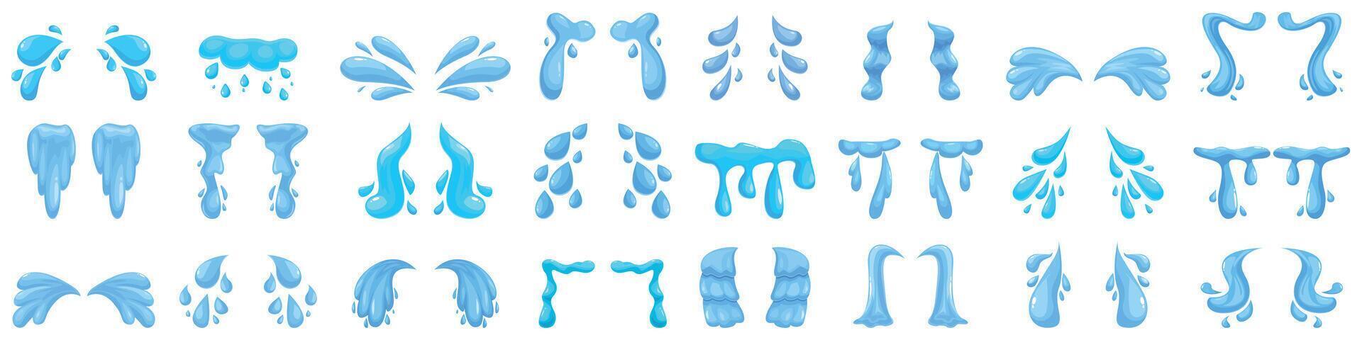 Tear streams icons set. Water splashing effects showing liquid motion in different shapes vector