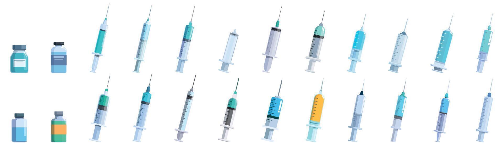 Plastic syringe icons set. Set of medical syringes and flasks for injections with liquid medicine vector