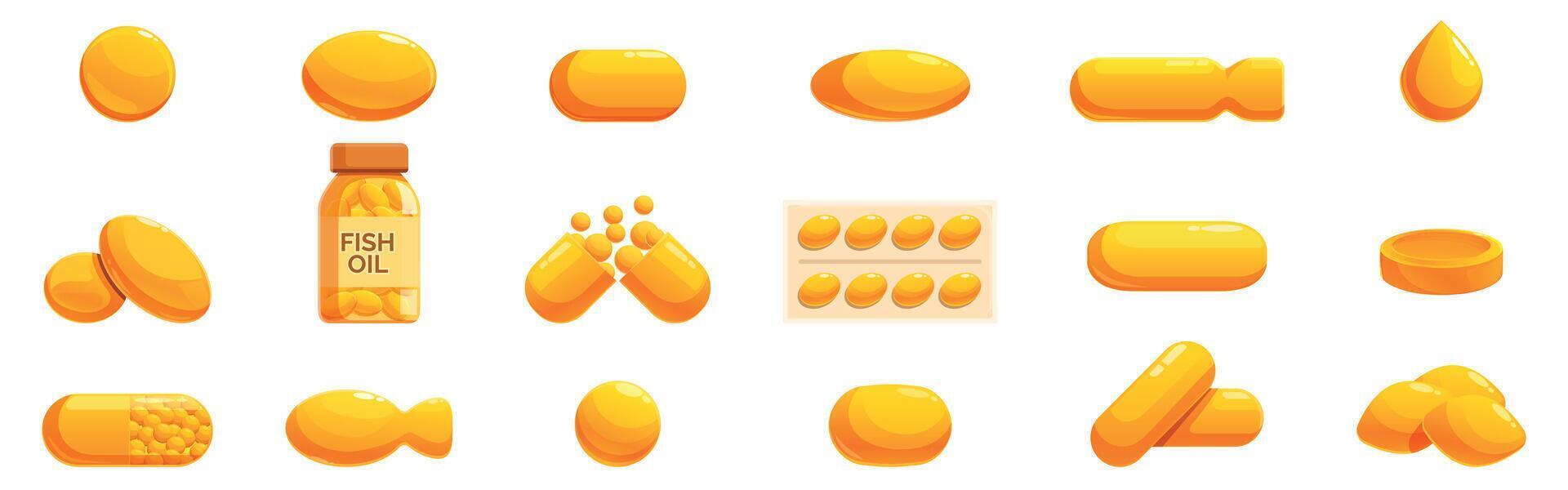 Fish oil capsule icons set. Fish oil icons set, supplement capsules containing omega 3 fatty acid vector
