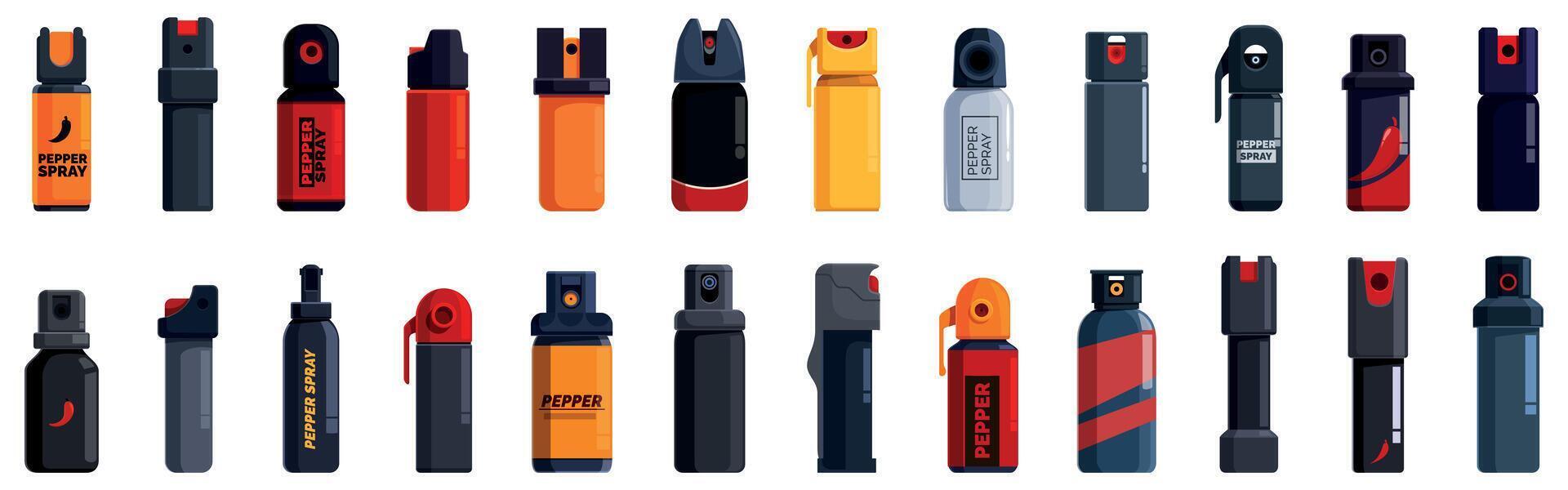 Pepper spray icons set. Collection of pepper sprays for self defense in various shapes and colors vector