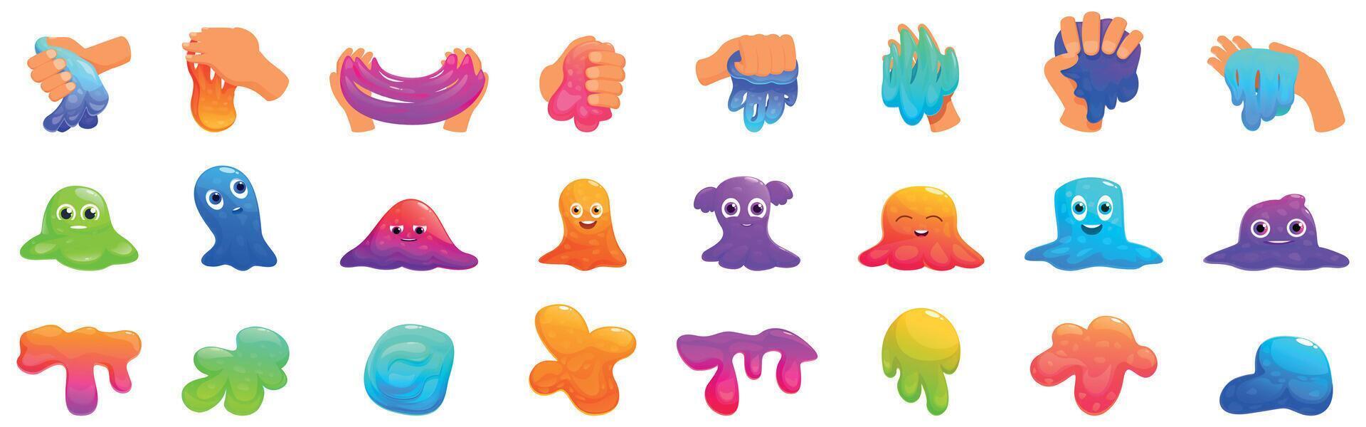Slime toys icons set. Colorful slime being squeezed and pulled by human hands and taking funny shapes vector