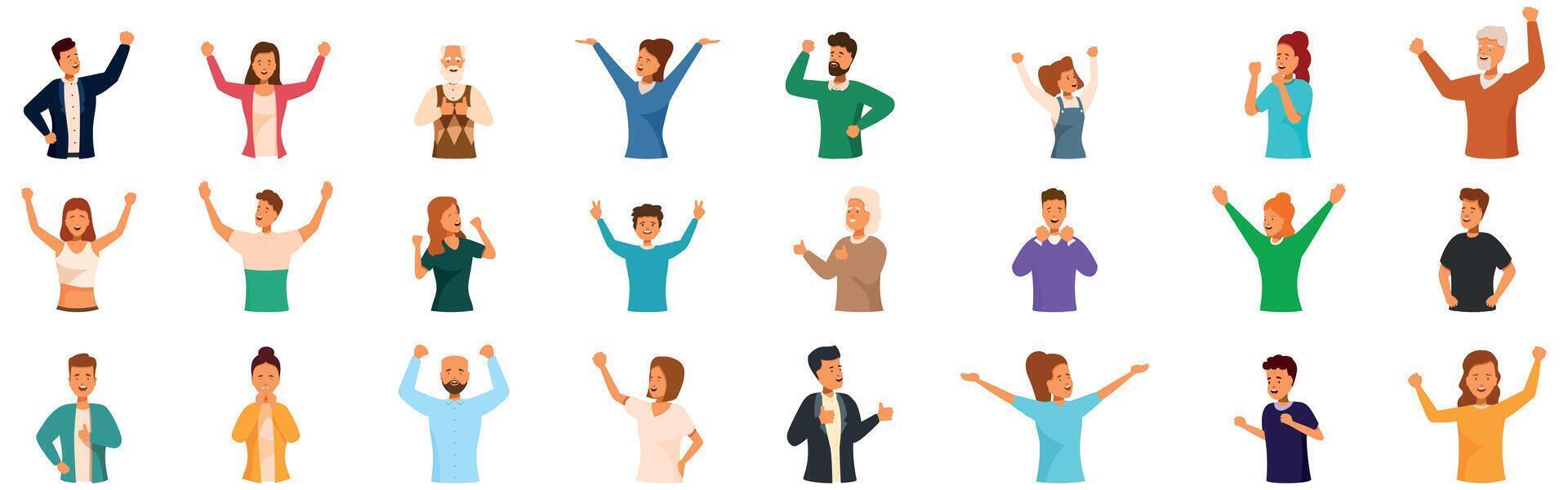 Rejoice success icons set. Diverse group of people celebrating with arms raised vector