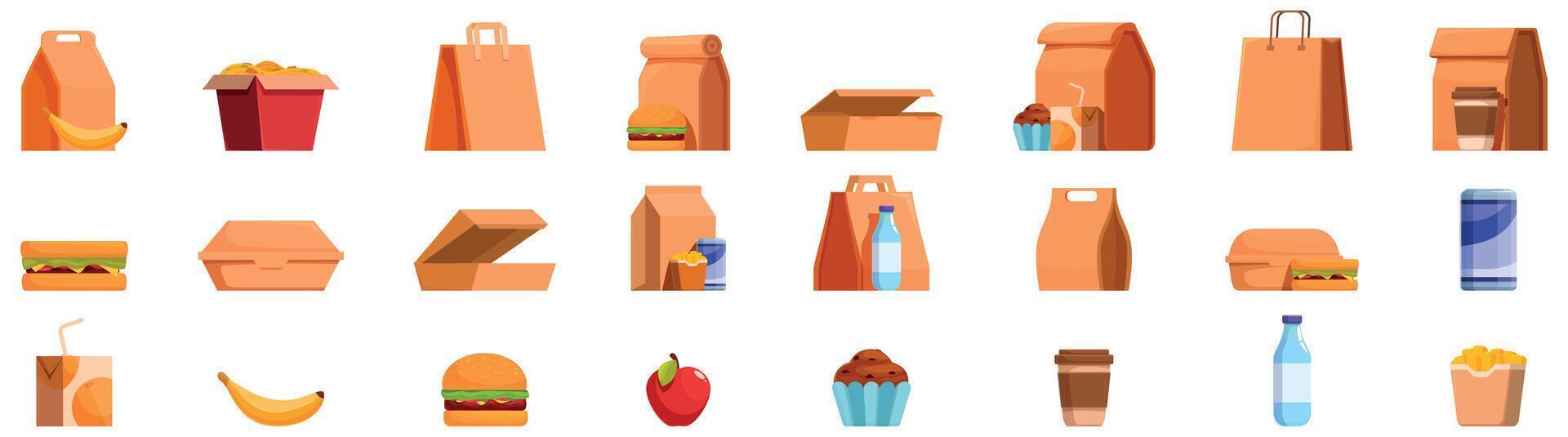 Paper lunchbox icons set. Food delivery service concept showing variety of cardboard packaging for takeaway meals and drinks vector