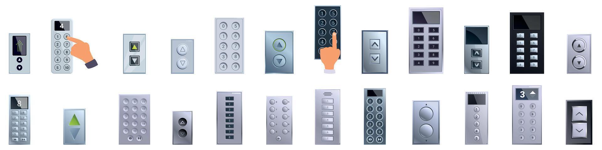 Elevator control panel icons set. Person pressing button of elevator control panel icons set cartoon style vector