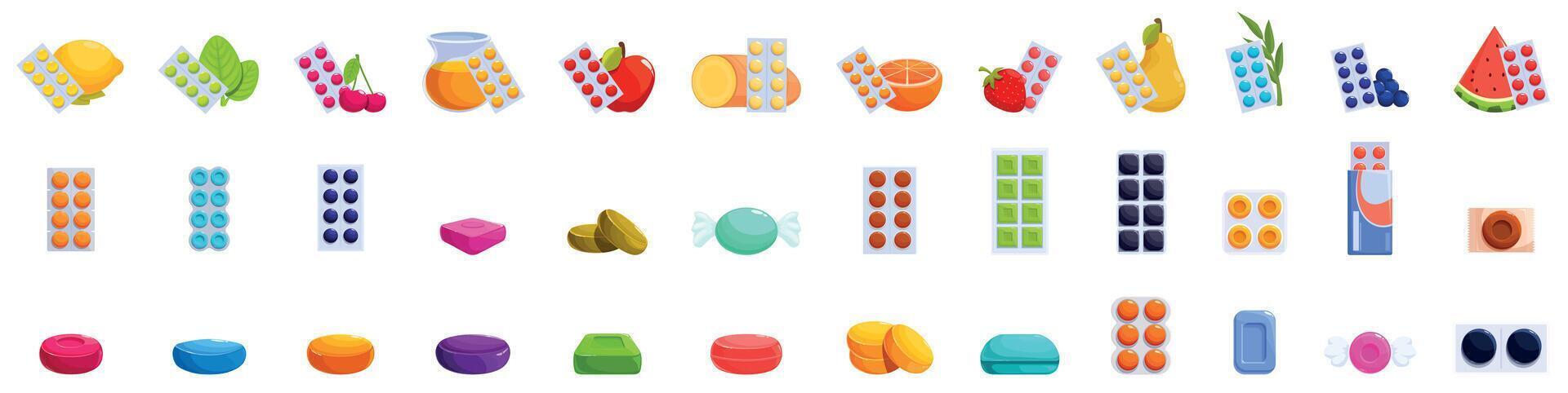 Throat lozenges icons set. Pharmacist recommending best vitamins for health using fruits and pills blisters vector