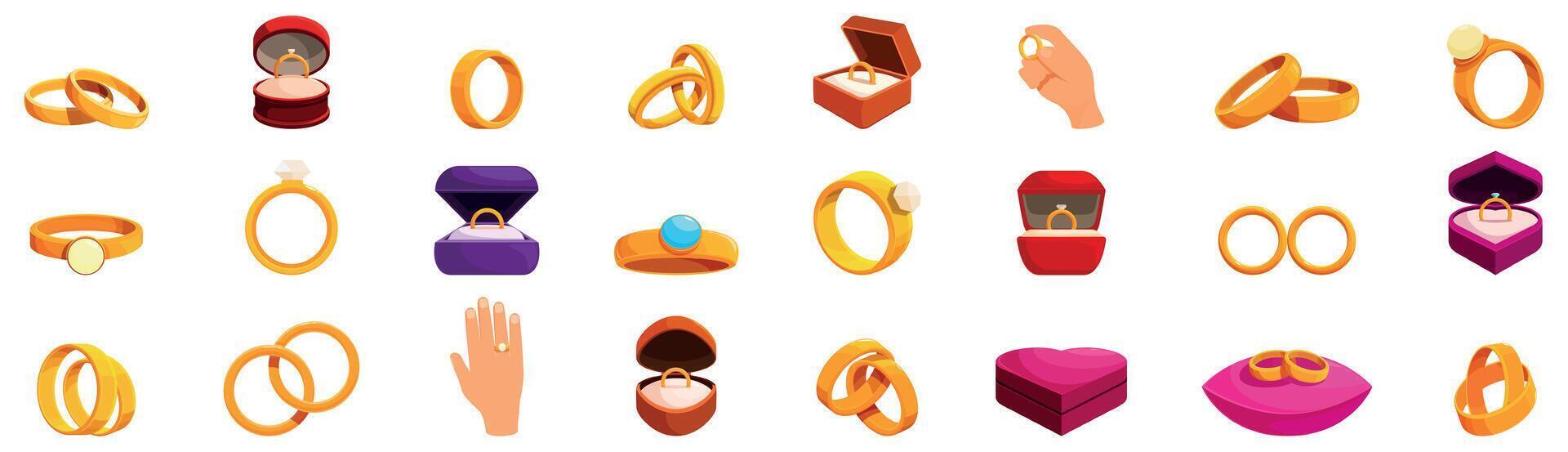 Rings engagement icons set. Golden wedding rings in boxes and on fingers icons set vector