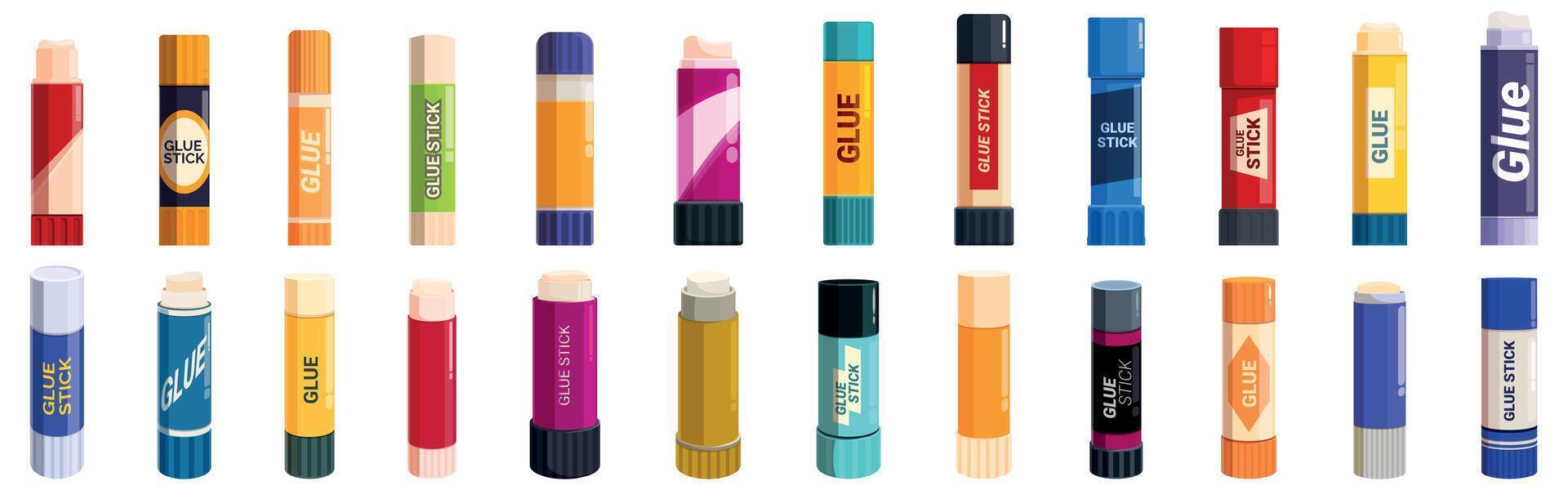 Glue stick icons set. Set of different colorful glue sticks for school or office vector