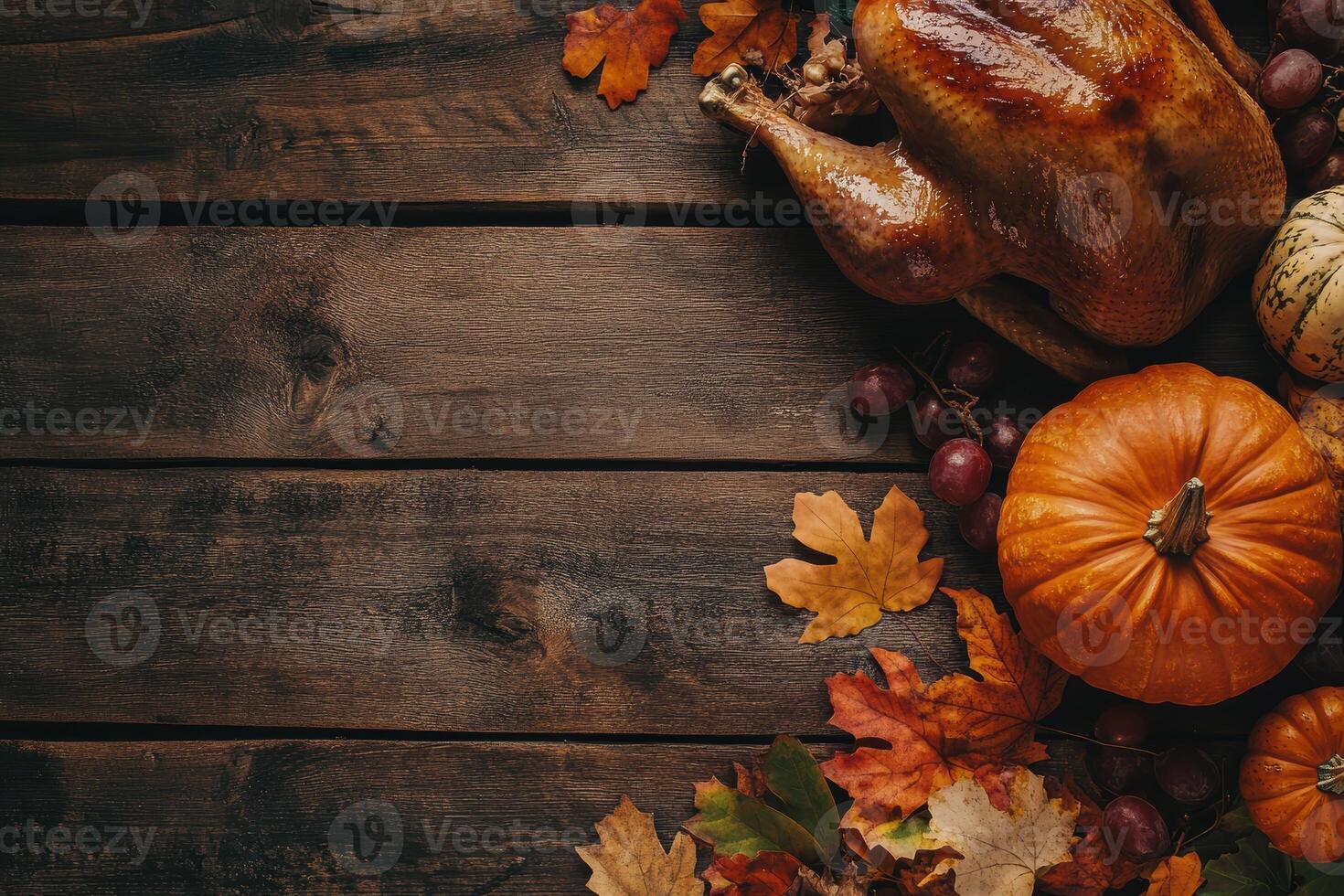 Thanksgiving Feast Tabletop with Roasted Turkey, Pumpkins, Autumn Leaves, and Grapes on Rustic Wooden Background. photo