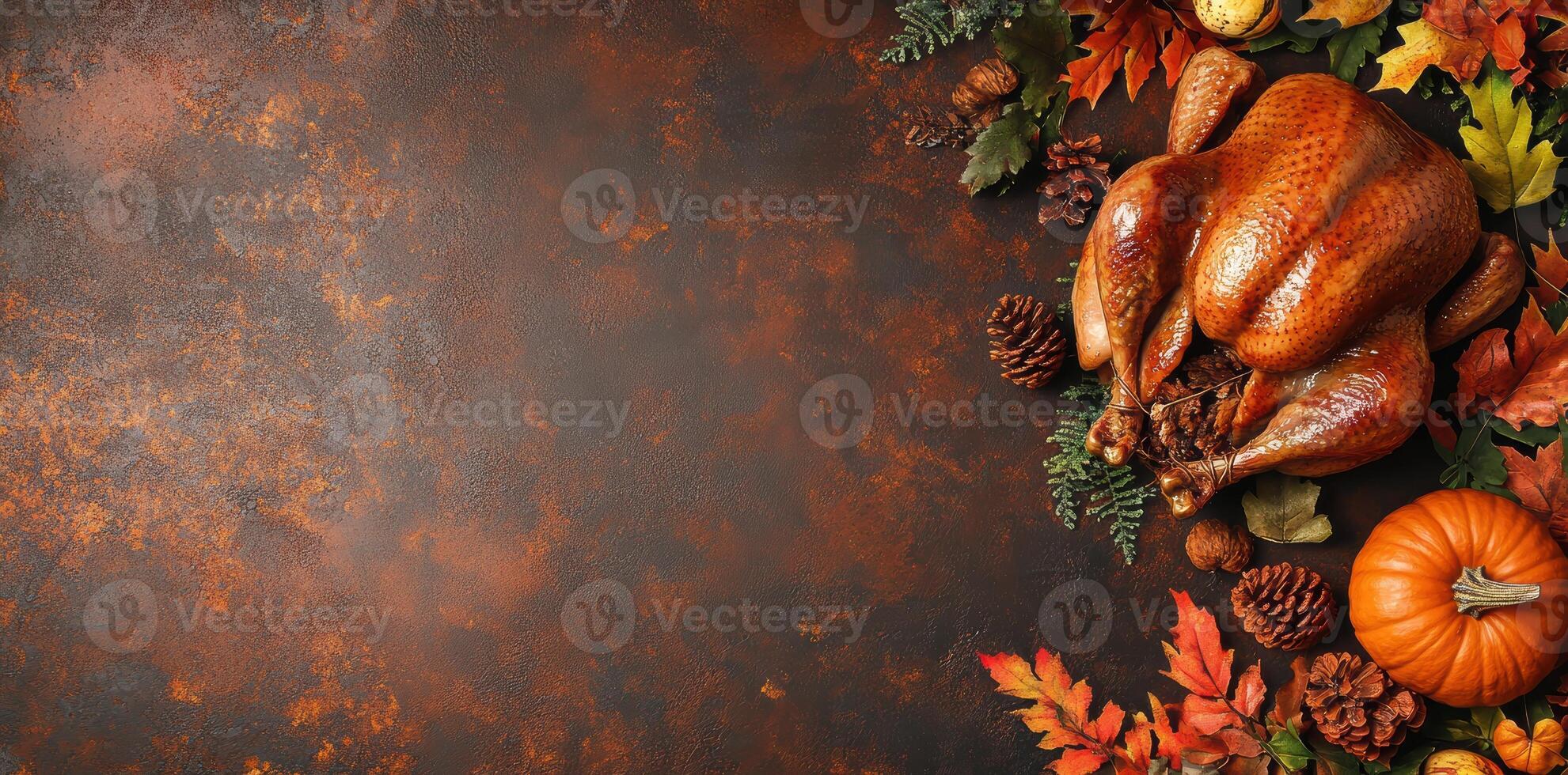 A Delicious Roasted Turkey with Fall Decorations for Thanksgiving Dinner. photo